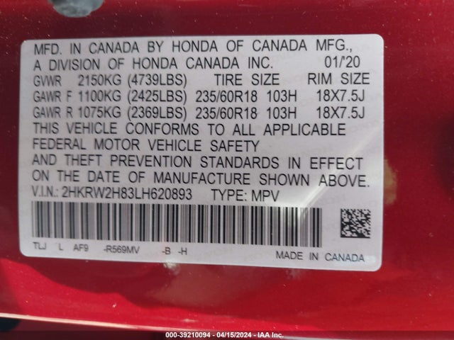 Honda Cr-v Awd Ex-l 2020 2HKRW2H83LH620893 Image 9