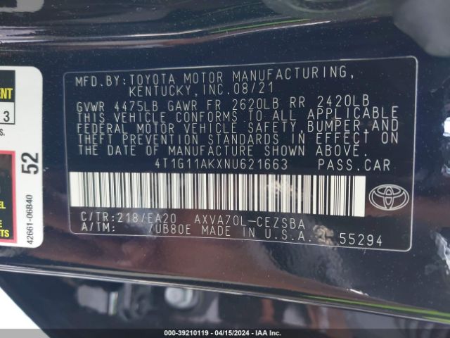 4T1G11AKXNU621663 Toyota CAMRY SE