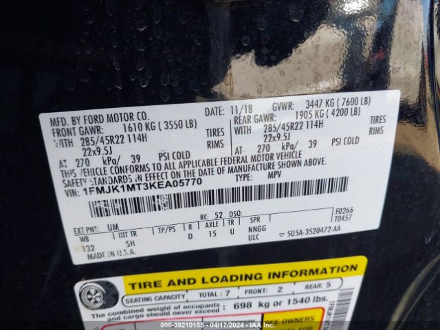1FMJK1MT3KEA05770 Ford Expedition Max Platinum