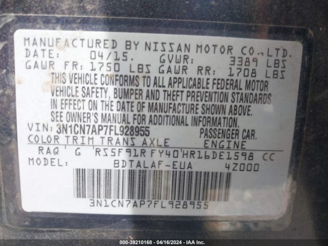 3N1CN7AP7FL928955 Nissan Versa 1.6 S