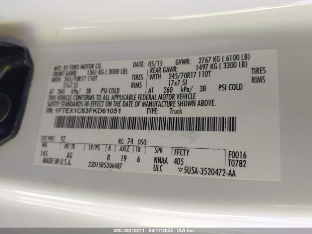 1FTEX1C83FKD61051 Ford F-150 Xl