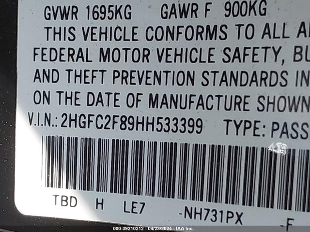 Honda CIVIC EX 2017 2HGFC2F89HH533399 Image 9