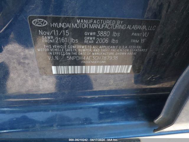 5NPDH4AE3GH787938 Hyundai Elantra Value Edition