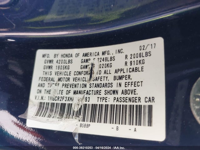 Honda ACCORD LX 2017 1HGCR2F3XHA166193 Image 9