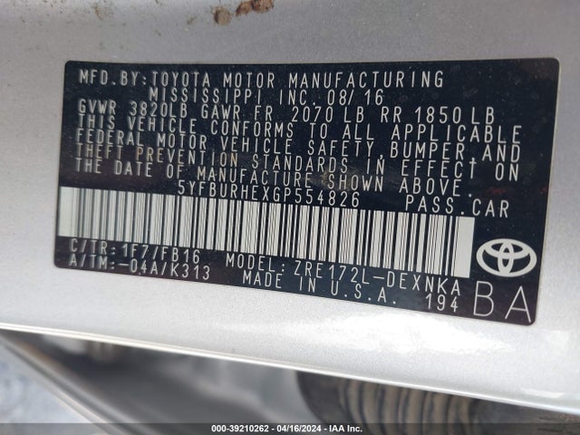 Toyota COROLLA LE 2016 5YFBURHEXGP554826 Image 9