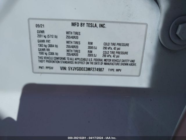 5YJYGDEE3MF274987 Tesla Model Y Long Range Dual Motor All-wheel Drive
