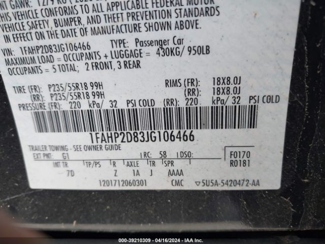 1FAHP2D83JG106466 Ford TAURUS SE