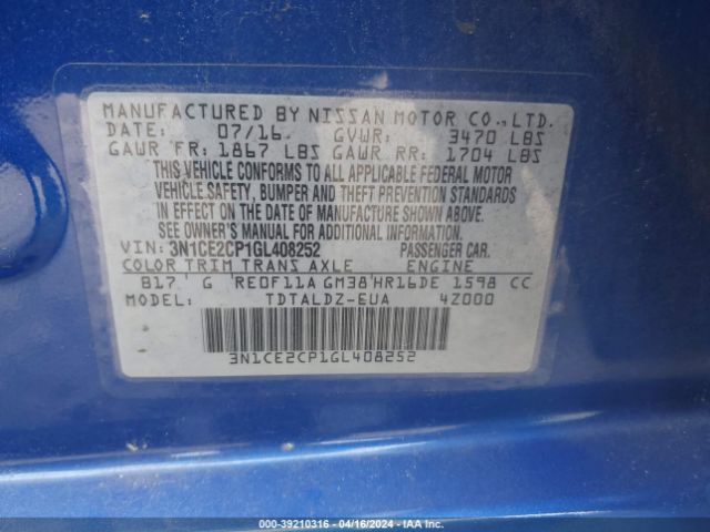 3N1CE2CP1GL408252 Nissan Versa Note S (sr)/s Plus/sl/sr/sv