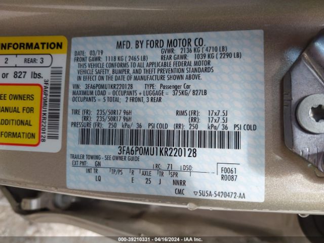 3FA6P0MU1KR220128 Ford Fusion Hybrid Sel