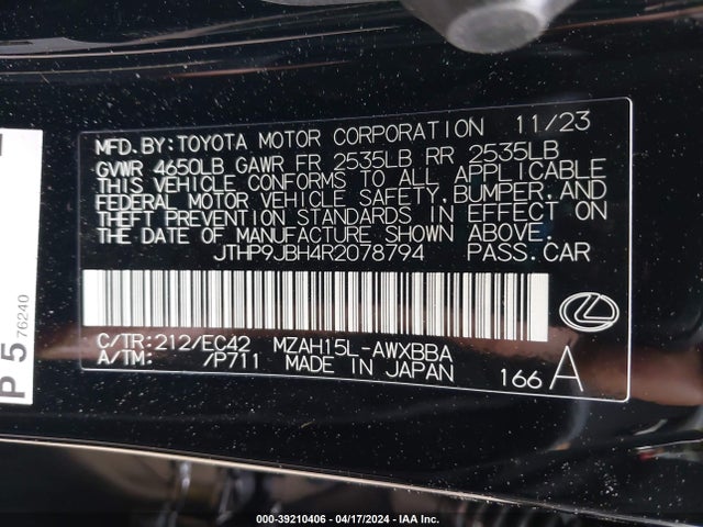 JTHP9JBH4R2078794 Lexus Ux 250h Premium