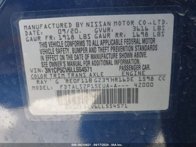 3N1CP5CV6LL554571 Nissan Kicks Sv Xtronic Cvt