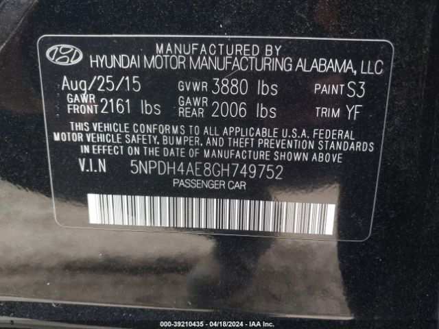 5NPDH4AE8GH749752 Hyundai ELANTRA SE