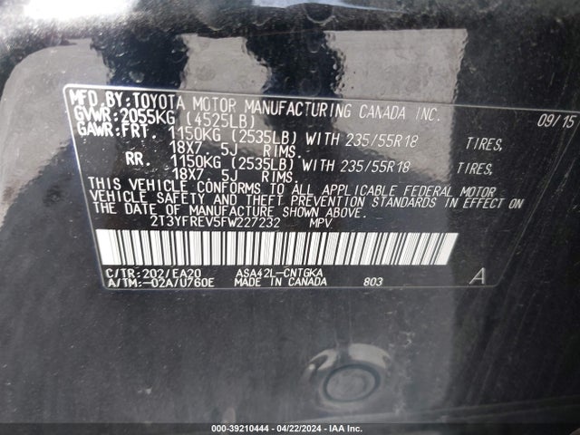 Toyota Rav4 Limited 2015 2T3YFREV5FW227232 Image 9