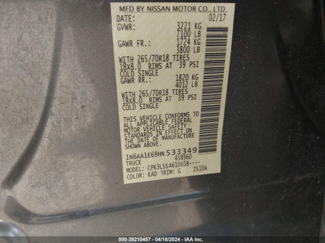 Nissan TITAN SV 2017 1N6AA1E69HN533349 Image 9