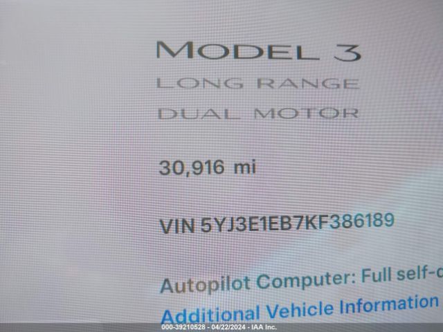 5YJ3E1EB7KF386189 Tesla Model 3 Long Range/performance
