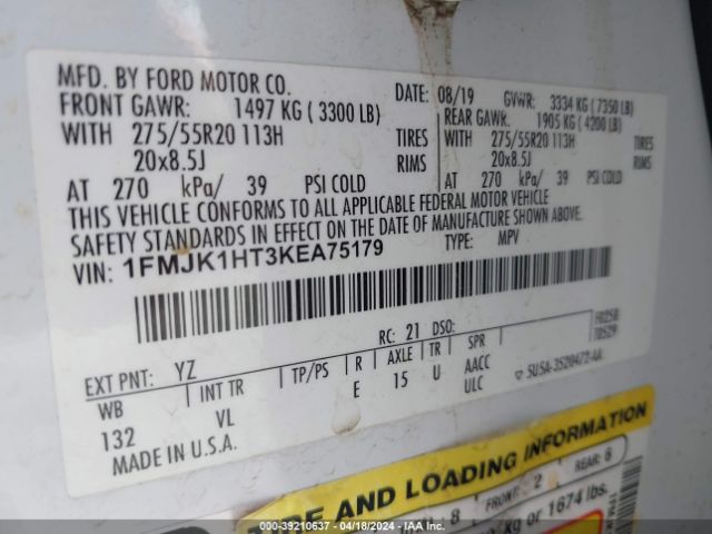 1FMJK1HT3KEA75179 Ford Expedition Max Xlt