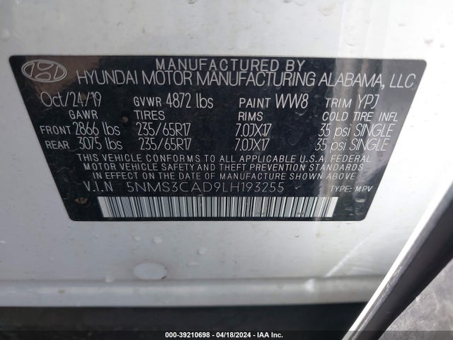 Hyundai Santa Fe Sel 2020 5NMS3CAD9LH193255 Image 9