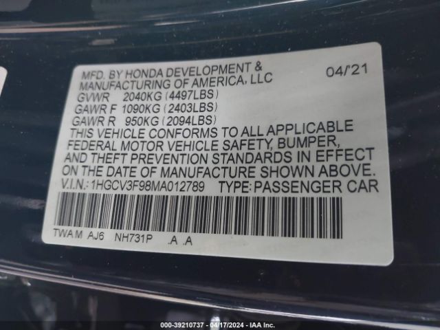 1HGCV3F98MA012789 Honda Accord Hybrid Touring