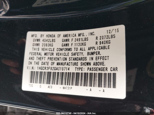 Honda Accord Touring 2016 1HGCR3F92GA015714 Image 9