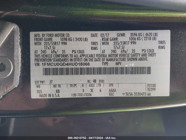 Ford ESCAPE SE 2017 1FMCU0GD4HUD18066 Image 9