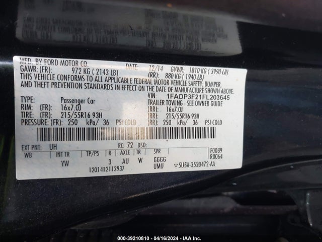 Ford FOCUS SE 2015 1FADP3F21FL203645 Image 9