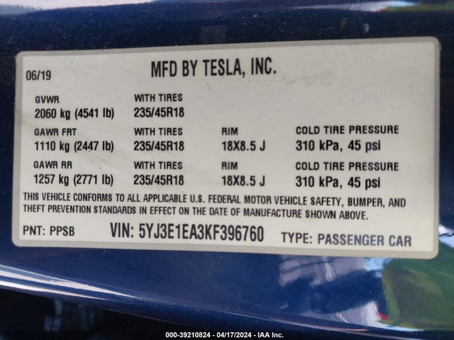 Tesla Model 3 Long Range/mid Range/standard Range/standard Range Plus 2019 5YJ3E1EA3KF396760 Image 9