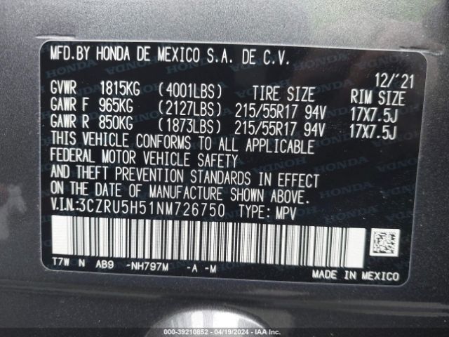3CZRU5H51NM726750 Honda Hr-v 2wd Ex