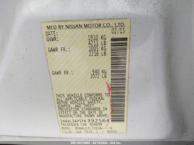 Nissan Altima 2.5 S 2015 1N4AL3AP5FN392564 Image 9