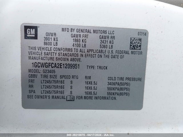 Chevrolet Express 2500 Work Van 2014 1GCWGFCA2E1209951 Image 9