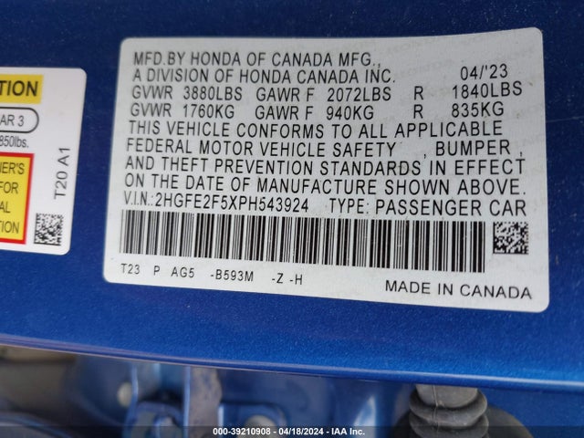 Honda Civic Sport 2023 2HGFE2F5XPH543924 Image 9