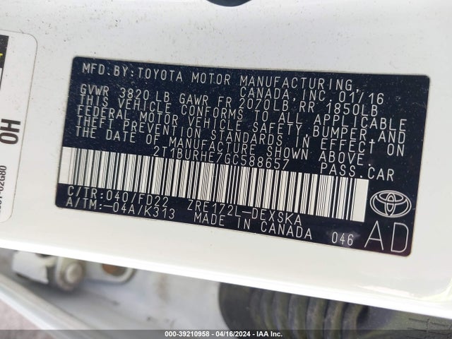 Toyota Corolla S Plus 2016 2T1BURHE7GC588657 Image 9