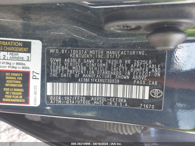 Toyota CAMRY SE 2017 4T1BF1FKXHU730939 Image 9