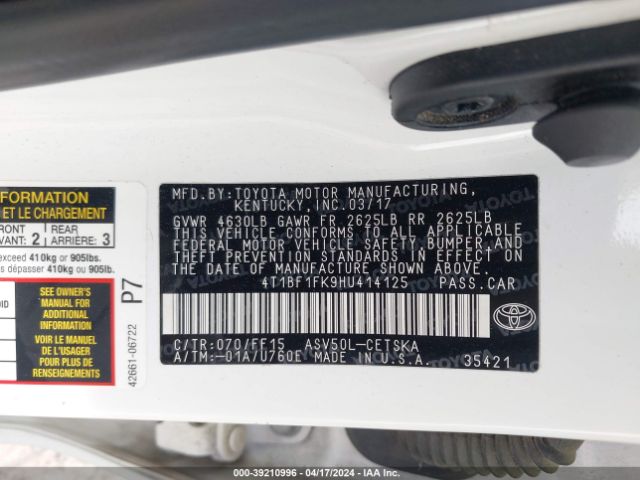 4T1BF1FK9HU414125 Toyota CAMRY SE
