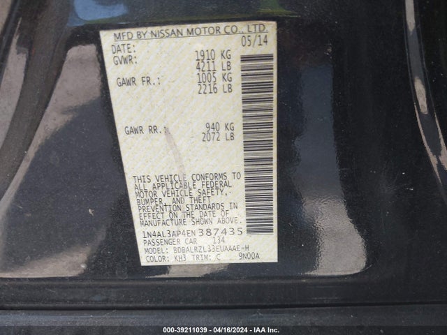 Nissan Altima 2.5 S 2014 1N4AL3AP4EN387435 Image 9