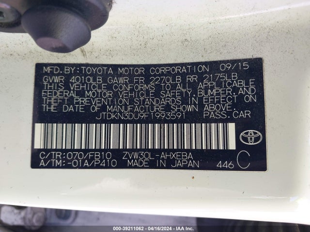 Toyota Prius Two 2015 JTDKN3DU9F1993591 Image 9