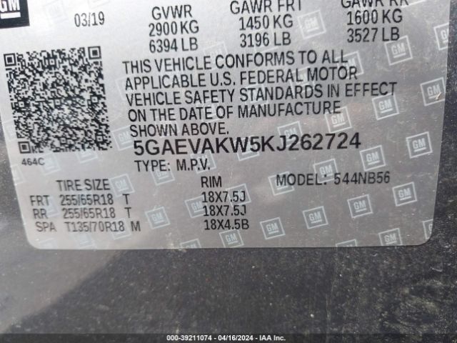 5GAEVAKW5KJ262724 Buick Enclave Awd Essence