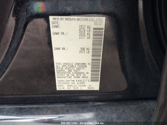 Nissan Altima 2.5 S 2017 1N4AL3AP7HN346575 Image 9