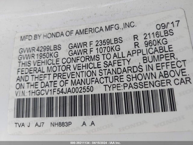 Honda Accord Ex-l 2018 1HGCV1F54JA002550 Image 9