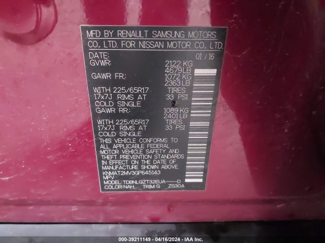 Nissan ROGUE SV 2016 KNMAT2MV3GP645143 Image 9