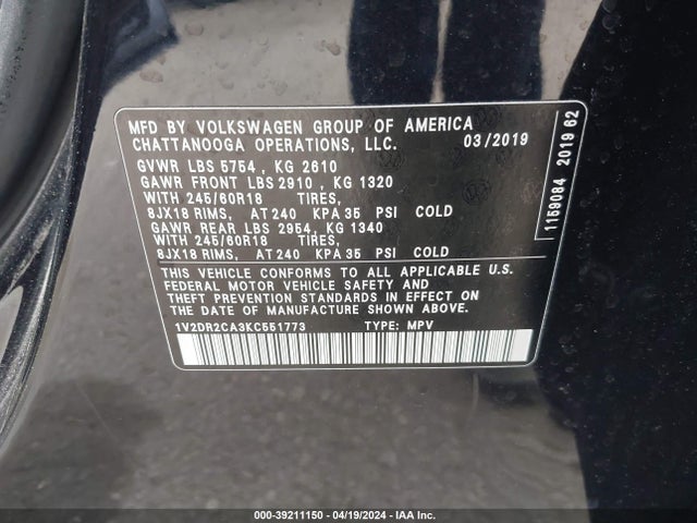 1V2DR2CA3KC551773 Volkswagen Atlas 3.6l V6 Se
