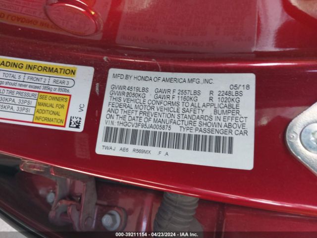 1HGCV3F95JA005875 Honda Accord Hybrid Touring