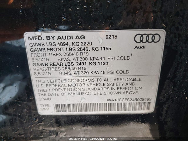 WA1JCCFS2JR028489 Audi Q3 2.0t Premium/2.0t Sport Premium