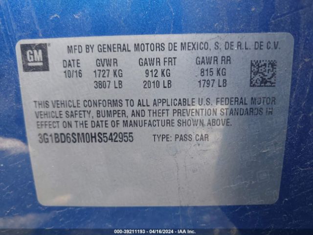 3G1BD6SM0HS542955 Chevrolet Cruze Lt Manual