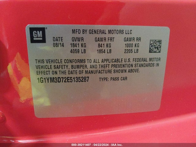 Chevrolet Corvette Stingray Z51 2014 1G1YM3D72E5135287 Image 9