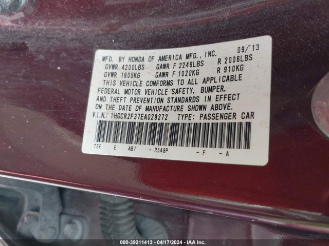 Honda ACCORD LX 2014 1HGCR2F37EA029272 Image 9