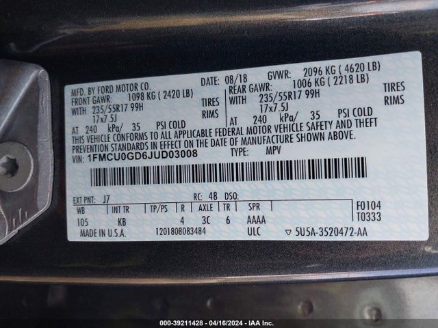 Ford ESCAPE SE 2018 1FMCU0GD6JUD03008 Image 9