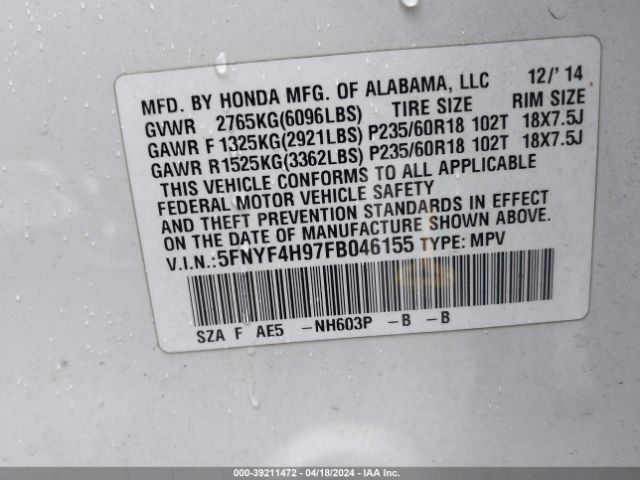 5FNYF4H97FB046155 Honda Pilot Touring