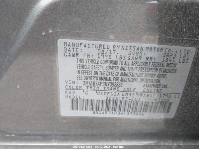 Nissan SENTRA S 2017 3N1AB7AP3HY393886 Image 9