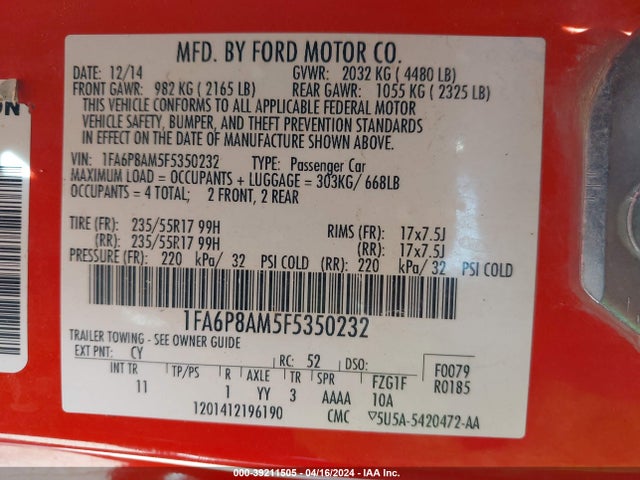 Ford Mustang V6 2015 1FA6P8AM5F5350232 Image 9