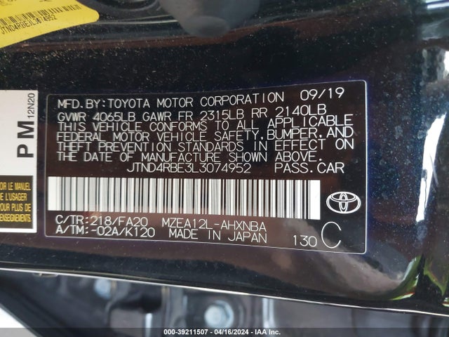 Toyota Corolla Se Nightshade Edition 2020 JTND4RBE3L3074952 Image 9